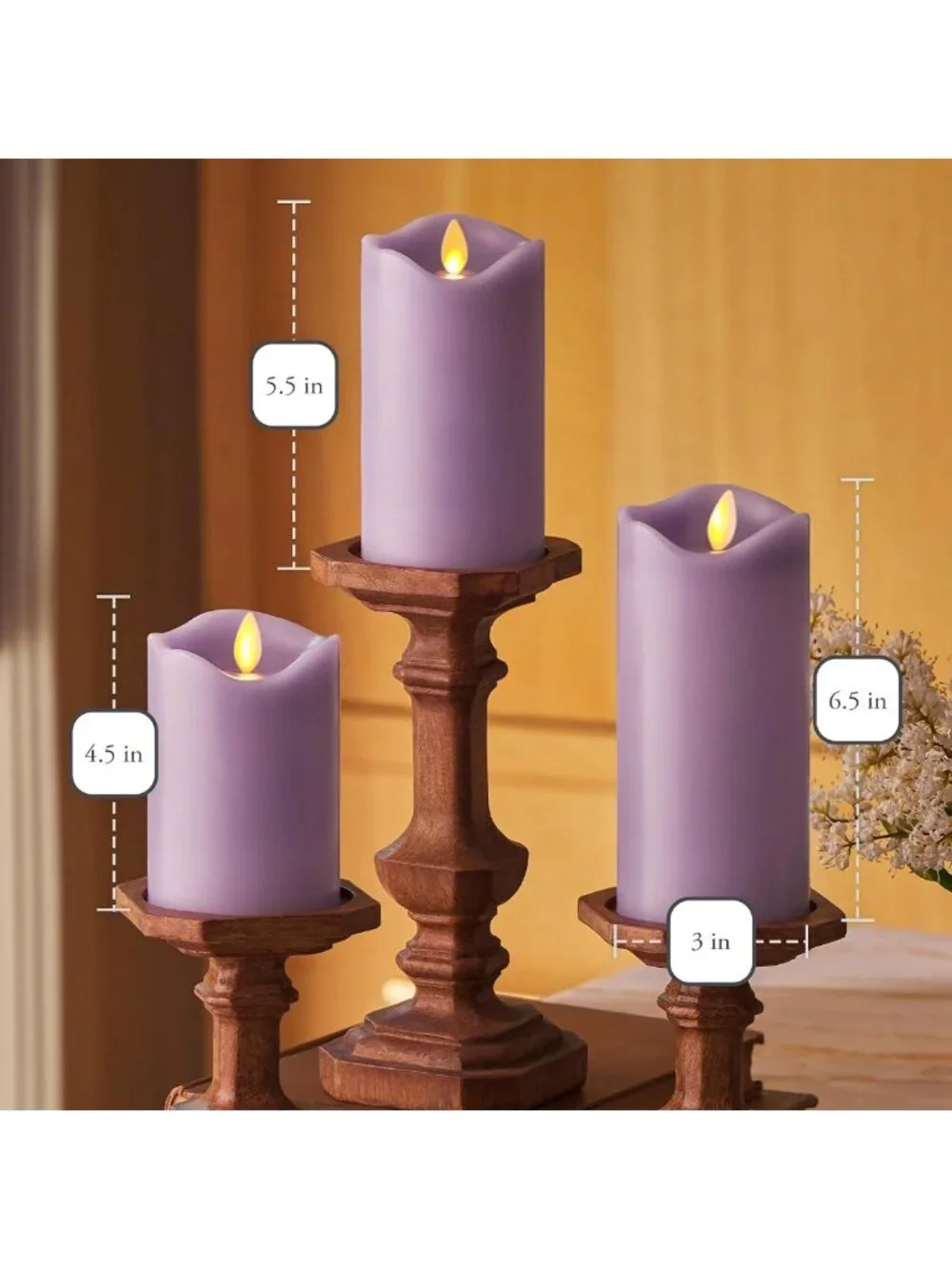 Set of 3 Flameless LED Flickering Pillar Candles - Pastel Purple - Safe
